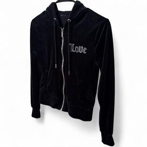 Black Velour Hoodie with Rhinestone Detail